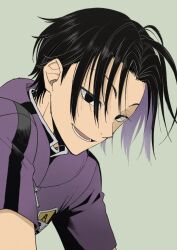Rule 34 | 1boy, alternate hairstyle, black hair, colored inner hair, from side, grey background, hair over eyes, highres, hood, hood down, jacket, leaning forward, looking at viewer, male focus, miwa squad&#039;s uniform, multicolored hair, parted bangs, purple hair, purple jacket, purple theme, shishou (xxsisyou), short hair, short sleeves, simple background, smile, solo, two-tone hair, uniform, upper body, world trigger, yoneya yousuke, zipper pull tab