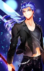 Rule 34 | 1boy, absurdres, black jacket, blue hair, casual, cu chulainn (fate), cu chulainn (fate/stay night), fate/stay night, fate (series), gae bolg (fate), gradient background, highres, jacket, kkuwa, leather, leather jacket, long hair, male focus, polearm, ponytail, red eyes, solo, spear, weapon