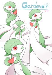 Rule 34 | ?, bob cut, character name, closed eyes, colored skin, creatures (company), dress, game freak, gardevoir, gen 3 pokemon, green hair, hair over one eye, highres, multicolored skin, multiple views, nintendo, open mouth, pink eyes, pokemon, pokemon (creature), scavia10, simple background, star (symbol), two-tone skin, white background, white dress, white skin