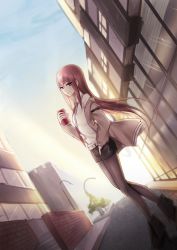 Rule 34 | 1girl, ankle boots, bad id, bad pixiv id, belt, black pantyhose, blush, boots, brick wall, brown footwear, brown jacket, building, can, collarbone, drink can, dutch angle, expressionless, hand in pocket, highres, holding, jacket, lamppost, long hair, long sleeves, makise kurisu, meaomao, name tag, necktie, off shoulder, open clothes, open jacket, pantyhose, pantyhose under shorts, pocket, purple eyes, red hair, red necktie, road, shirt, shorts, sidelocks, soda can, solo, stairs, steins;gate, street, town, very long hair, white shirt, window