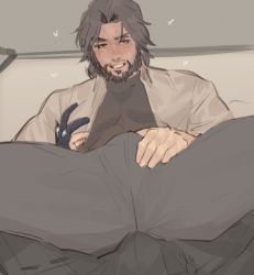 Rule 34 | 2boys, blush, bulge, cassidy (overwatch), crotch, facial hair, francishsie, hanzo (overwatch), looking at viewer, male focus, multiple boys, naughty face, overwatch, overwatch 1, presenting, sitting, sitting on person, teeth, yaoi