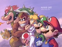 Rule 34 | 1girl, 5boys, :d, :o, alternate hairstyle, arm up, biker clothes, biker peach, bikesuit, black eyes, blue eyes, blue overalls, blue pants, blue sky, blue vest, bodysuit, bowser, bracelet, breath weapon, breathing fire, brothers, brown hair, claws, closed mouth, cloud, collar, crossed arms, crown, dated, donkey kong, donkey kong (series), earrings, facial hair, fire, gloves, green headwear, green shirt, grin, hat, high ponytail, highres, horns, jewelry, long hair, long sleeves, luigi, mario, mario (series), mario day, mini crown, multiple boys, mustache, nintendo, open mouth, overalls, pants, parted lips, ponytail, princess peach, profile, red eyes, red hair, red headwear, red shirt, sharp teeth, shirt, short hair, siblings, sidelocks, sideways glance, sky, smile, sphere earrings, spiked bracelet, spiked collar, spiked shell, spikes, standing, teeth, the super mario bros. movie, toad (mario), turtle shell, v-shaped eyebrows, vest, white bodysuit, white gloves, ya mari 6363