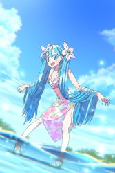 Rule 34 | 1girl, bent over, bikini, blue eyes, blue hair, blue sky, breasts, cleavage, cloud, collarbone, day, flower, full body, hair between eyes, hair flower, hair ornament, hatsune miku, highres, long hair, navel, outdoors, outstretched arms, petals, shapoco, sky, small breasts, solo, standing, swimsuit, twintails, very long hair, vocaloid, white flower