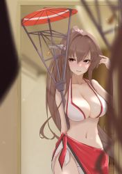Rule 34 | 1girl, absurdres, bikini, breasts, brown hair, cherry blossoms, collarbone, flower, hair between eyes, hair flower, hair intakes, hair ornament, headgear, highres, holding, holding umbrella, kantai collection, large breasts, long hair, mirror, navel, neve (morris-minicooper), official alternate costume, oil-paper umbrella, ponytail, red sarong, red umbrella, reflection, sarong, sidelocks, solo, swimsuit, umbrella, very long hair, white bikini, yamato (kancolle)