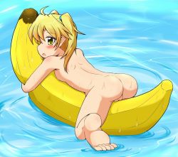 Rule 34 | 10s, 1girl, :o, ahoge, alternate eye color, alternate hair color, armpits, ass, back, banana, banana boat, blonde hair, blush, body blush, breast press, breasts, fat mons, feet, food, from side, fruit, full body, gunslinger stratos, hair between eyes, hair tie, hug, inflatable toy, looking at viewer, looking back, lying, nipples, nude, hugging object, on stomach, profile, pussy, ripples, senyou6060, shinou matsurika, small breasts, soles, solo, straddling, surprised, twintails, uncensored, water, wet, yellow eyes