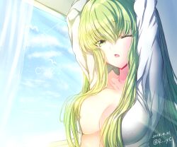 Rule 34 | 1girl, 2018, arms up, blue sky, breasts, c.c., character name, cleavage, cloud, code geass, collarbone, colored eyelashes, commentary request, dated, day, eyelashes, eyes visible through hair, green hair, hair between eyes, hair censor, hair over breasts, indoors, large breasts, light particles, long hair, looking at viewer, messy hair, morning, naked shirt, no bra, nose, one eye closed, open clothes, open mouth, open shirt, rincha (rinrinrincha), shirt, sidelighting, sidelocks, sky, sleepy, solo, straight hair, stretching, twitter username, very long hair, window, yellow eyes