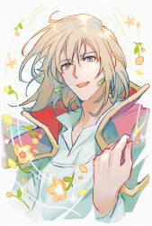 Rule 34 | 1boy, blonde hair, bob cut, earrings, flower, green eyes, hair between eyes, hand on own chest, howl (howl no ugoku shiro), howl no ugoku shiro, jacket, jacket on shoulders, jewelry, lalatia-meai, looking at viewer, male focus, open mouth, orange flower, shirt, short hair, smile, solo, white shirt
