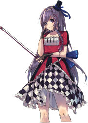 Rule 34 | 1girl, arm around waist, black gloves, bow (music), braid, bridal gauntlets, checkered clothes, checkered dress, choker, cropped legs, dress, frills, gloves, hair ribbon, hand on own face, hat, highres, hoshino (illyasviel), light smile, long hair, looking at viewer, mini hat, mini top hat, original, piano print, purple eyes, purple hair, red dress, red pupils, ribbon, short sleeves, simple background, single braid, solo, top hat, white background