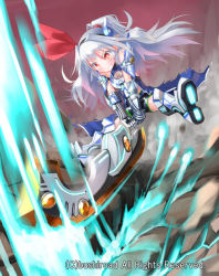 Rule 34 | 1girl, armor, armored boots, boots, bow, cardfight!! vanguard, company name, dreaming jewel knight tiffany, gloves, long hair, official art, patricia (stylish marunage), ponytail, red eyes, rock, solo, sword, teeth, weapon, white hair