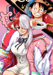 Rule 34 | 1boy, 1girl, absurdres, breasts, dress, gradient background, hat, headphones, highres, jacket, jolly roger, large breasts, lips, long hair, looking at viewer, monkey d. luffy, multicolored hair, oda eiichirou (style), official alternate costume, official style, one piece, one piece film: red, pirate hat, riku (rikuw223xx), scar, scar on face, short hair, two-tone hair, two side up, underwear, uta (one piece), very long hair, wings