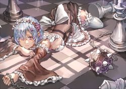 Rule 34 | 10s, 1girl, alternate eye color, apron, arm up, bad id, bad pixiv id, ball and chain (weapon), black ribbon, blue hair, board game, bow, breasts, checkered floor, chess, chess piece, closed mouth, detached sleeves, dress, eyelashes, flail, frilled apron, frilled dress, frilled sleeves, frilled thighhighs, frills, garter straps, hair ornament, hair over one eye, hairband, hairclip, holding, holding weapon, king (chess), looking at viewer, lying, maid, medium breasts, morning star, on floor, one eye covered, oversized object, purple eyes, purple ribbon, re:zero kara hajimeru isekai seikatsu, rem (re:zero), ribbon, rook (chess), shade, short hair, solo, spiked ball and chain, spikes, thighhighs, weapon, white apron, white bow, white thighhighs, wide sleeves, x hair ornament, xiaochaibao