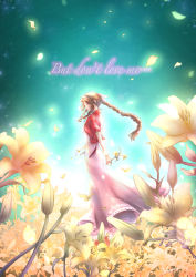 Rule 34 | 1girl, aerith gainsborough, arms behind back, bracelet, braid, breasts, brown hair, cropped jacket, dress, english text, falling petals, field, final fantasy, final fantasy vii, final fantasy vii remake, flower, flower field, full body, green background, green eyes, hair ribbon, highres, holding, holding flower, jacket, jewelry, lily (flower), long dress, long hair, looking at viewer, medium breasts, moriiiiiiiiiinn, parted bangs, petals, pink dress, pink ribbon, red jacket, ribbon, sidelocks, solo, square enix, wavy hair, yellow flower