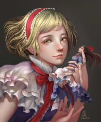Rule 34 | 1girl, absurdres, alice margatroid, apron, ascot, blonde hair, blue dress, boots, bow, brown eyes, brown hair, capelet, closed mouth, dated, diandianzai, doll, doll joints, dress, eyebrows, fingernails, floating hair, frilled capelet, frilled sleeves, frills, hair bow, hairband, highres, holding, holding doll, jewelry, joints, lips, lolita hairband, long hair, looking at viewer, nose, realistic, ring, shanghai doll, short hair, short sleeves, signature, simple background, smile, solo, touhou, upper body, waist apron, yellow eyes