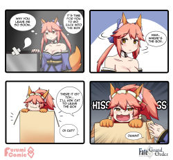 Rule 34 | 2girls, 4koma, alternate costume, anger vein, animal ear fluff, animal ears, animal hands, apron, bell, blue kimono, blue legwear, blue ribbon, box, breasts, cat paws, cleavage, collar, collarbone, comic, dual persona, english text, enmaided, fangs, fate/extra, fate/grand order, fate (series), fox ears, fox girl, fox tail, gloves, hair ribbon, highres, japanese clothes, jingle bell, keita naruzawa, kimono, large breasts, long hair, maid, maid apron, maid headdress, multiple girls, neck bell, open mouth, paw gloves, pink hair, ponytail, red ribbon, ribbon, speech bubble, tail, tamamo (fate), tamamo cat (fate), tamamo no mae (fate/extra), yellow eyes