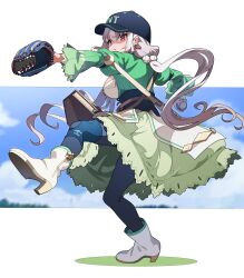 Rule 34 | 1girl, absurdres, baseball, baseball cap, baseball glove, boots, character request, closed mouth, commentary request, copyright request, dress, green shirt, hair ornament, hat, high heel boots, high heels, highres, long hair, nishiki kazue, orange eyes, shirt, solo, throwing