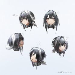 Rule 34 | 1girl, :d, arknights, black eyes, black hair, blush, closed mouth, crying, crying with eyes open, dated, feather hair, flying sweatdrops, glint, hair intakes, hair ornament, hairclip, heart, la pluma (arknights), light bulb, looking at viewer, multiple views, open mouth, portrait, profile, short hair, signature, simple background, smile, tears, translation request, white background, xiaohuanjie