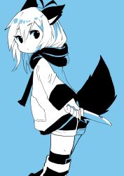 Rule 34 | 1girl, animal ears, antenna hair, blue background, boots, child, dog ears, dog tail, expressionless, from side, hood, hood down, hoodie, knife, konachiu, limited palette, long sleeves, looking at viewer, original, rei-chan (konachiu), shorts, simple background, solo, tail