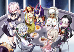 Rule 34 | 10s, 6+girls, abigail williams (fate), absurdres, adjusting eyewear, altera (fate), altera the santa (fate), alternate costume, animal, apron, arm around shoulder, bad id, bad pixiv id, bell, beret, black bow, black dress, black footwear, black gloves, black hat, black legwear, blonde hair, blush, book, boots, bow, braid, breasts, bridal gauntlets, brown eyes, capelet, chair, cleavage, closed mouth, coffee, collarbone, commentary request, cup, dark-skinned female, dark skin, detached sleeves, doll joints, dress, earmuffs, elbow gloves, facial mark, fang, fang out, fate/extra, fate/grand order, fate (series), feeding, fingerless gloves, food, forehead mark, fork, frilled apron, frills, fur-trimmed capelet, fur trim, gloves, green bow, green ribbon, hair between eyes, hair bow, hair over one eye, hat, hat bow, headpiece, highres, holding, holding book, holding cup, holding food, holding fork, holding saucer, holding tray, horns, ibaraki douji (fate), illyasviel von einzbern, indoors, japanese clothes, jeanne d&#039;arc (fate), jeanne d&#039;arc alter santa lily (fate), joints, kikimi, kimono, long hair, long sleeves, maid, maid headdress, mary janes, mash kyrielight, medium breasts, mittens, multiple girls, nursery rhyme (fate), off shoulder, on chair, oni, open book, open mouth, orange bow, pantyhose, pink footwear, pink hair, pink legwear, pink shirt, plate, pleated dress, polka dot, polka dot bow, puffy short sleeves, puffy sleeves, purple eyes, purple hair, purple kimono, red-framed eyewear, red eyes, ribbon, saucer, semi-rimless eyewear, sheep, shirt, shoes, short hair, short sleeves, shuten douji (fate), silver hair, sitting, skin-covered horns, sleeveless, sleeveless shirt, smile, standing, star (sky), striped bow, striped ribbon, table, tattoo, teacup, thigh boots, thighhighs, tray, twin braids, under-rim eyewear, veil, very long hair, waffle, white apron, white bow, white capelet, white dress, white gloves, white mittens, wrist cuffs, yellow kimono