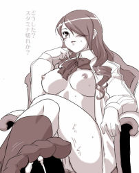 Rule 34 | 1girl, atlus, blush, bow, breasts, breasts apart, chair, crossed legs, cum, dr.p, feet, footjob, hair over one eye, kirijou mitsuru, large breasts, long hair, monochrome, no bra, open clothes, open shirt, panties, penis, persona, persona 3, shirt, sitting, socks, solo focus, toes, translated, underwear