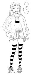 Rule 34 | 1girl, absurdres, belt, belt buckle, buckle, clothes writing, earrings, english text, female focus, flat chest, full body, hand in pocket, highres, jacket, japanese text, jewelry, jitome, kaiman garupan, charm (object), long twintails, monochrome, petite, profanity, shirt tucked in, shoes, shorts, solo, speech bubble, standing, striped clothes, striped thighhighs, thighhighs, twintails, white background