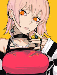 Rule 34 | 1girl, arm warmers, black choker, black nails, brown hair, chainsaw man, choker, ear piercing, earrings, fami (chainsaw man), highres, jewelry, looking at viewer, mole, mole under eye, mole under mouth, multiple moles, multiple piercings, multiple rings, orange eyes, piercing, ring, ringed eyes, sailen0, short hair, simple background, solo, striped arm warmers, tassel, tassel earrings, yellow background