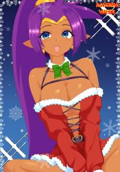 1girl absurdres belt blue_eyes bow breasts christmas cleavage dark-skinned_female dark_skin earrings gold_earrings gold_hairband green_bow hairband highres jewelry large_breasts maverick_vortex open_mouth pointy_ears ponytail purple_hair shantae shantae_(series)