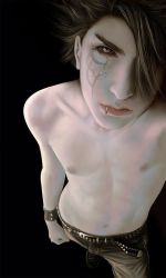 Rule 34 | 1boy, belt, black sclera, brown hair, colored sclera, from above, hair over one eye, lip piercing, lipring, male focus, mark, markings, photorealistic, piercing, realistic, scar, topless male, solo, tattoo, third-party edit