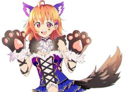 Rule 34 | 1girl, animal ears, animal hands, arm ribbon, artist name, artist request, bare shoulders, belt, black belt, blue dress, blue skirt, blush, breasts, cleavage, cross-laced clothes, cross-laced dress, dress, face mark, female focus, frilled dress, frills, fur-trimmed dress, fur trim, gloves, hair ornament, hairclip, heart, heart hair ornament, leaning forward, looking at viewer, love live!, love live! school idol festival, love live! school idol festival all stars, love live! sunshine!!, medium breasts, orange hair, parted lips, paw gloves, paw pose, red eyes, ribbon, ribbon-trimmed legwear, ribbon trim, short hair, skirt, smile, solo, tail, takami chika, white background, white detached collar, wolf ears