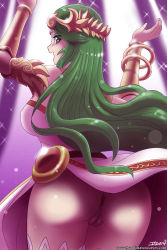 Rule 34 | 1girl, ass, bare shoulders, bracelet, breasts, cleft of venus, club (weapon), dancing, dress, green eyes, green hair, hair ornament, hands up, highres, jewelry, john joseco, kid icarus, kid icarus uprising, large breasts, lights, long hair, nintendo, no panties, open mouth, palutena, pussy, solo, sparkle, weapon, white dress, white legwear