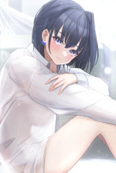 Rule 34 | 1girl, absurdres, alternate costume, bare legs, blue eyes, blue hair, blue ribbon, blush, breasts, closed mouth, dark blue hair, dress shirt, from side, hair intakes, highres, hololive, hololive english, large breasts, long sleeves, looking at viewer, medium hair, mofu07519, morning, naked shirt, open clothes, open shirt, ouro kronii, ribbon, ribbon earrings, see-through silhouette, shirt, sitting, smile, solo, virtual youtuber, white shirt