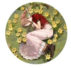 Rule 34 | 1girl, aerith gainsborough, bangle, boots, bracelet, braid, braided ponytail, brown footwear, brown hair, closed eyes, cropped jacket, dress, field, final fantasy, final fantasy vii, final fantasy vii remake, flower, flower field, full body, hair ribbon, highres, holding, holding staff, jacket, jewelry, long dress, long hair, lying, on side, outdoors, pink dress, pink ribbon, red jacket, ribbon, round image, short sleeves, sidelocks, sleeping, solo, square enix, staff, xianyu314, yellow flower