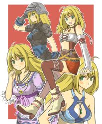 Rule 34 | 1girl, ahoge, alternate costume, armor, bare arms, bare shoulders, bikini, bikini top only, black armor, black gloves, blonde hair, blue armor, blue bikini, blue gloves, blush, breasts, choker, cleavage, cleavage cutout, clothing cutout, detached sleeves, fiora (xenoblade), gloves, green eyes, hair ornament, helmet, jewelry, lavender dress, long hair, long sleeves, looking at viewer, medium breasts, midriff, miniskirt, multiple views, necklace, nintendo, pontaaaaa, red background, red skirt, short sleeves, simple background, skirt, smile, stomach cutout, swimsuit, thighhighs, white background, white footwear, white sleeves, xenoblade chronicles 1, xenoblade chronicles (series)