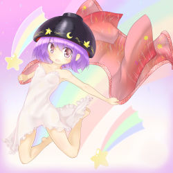 Rule 34 | 1girl, armpits, bare arms, bare legs, bare shoulders, barefoot, bowl, bowl hat, breasts, camisole, gplnbeat, gradient background, hat, highres, holding, holding clothes, jumping, lingerie, looking at viewer, mini person, minigirl, open mouth, purple eyes, purple hair, rainbow, shooting star, short hair, small breasts, solo, sukuna shinmyoumaru, touhou, underwear