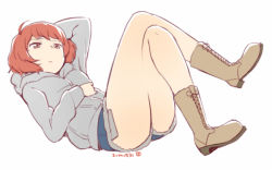 Rule 34 | 10s, 1girl, 2014, :&lt;, aldnoah.zero, arm behind head, arm up, boots, crossed legs, cutoffs, dated, full body, hood, hoodie, lying, nagian, on back, purple eyes, rayet areash, red hair, short hair, shorts, simple background, solo, thighs, white background