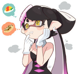 Rule 34 | 1girl, bare shoulders, black hair, breasts, callie (splatoon), cross-shaped pupils, detached collar, drooling, earrings, finger to mouth, food, food on head, gradient hair, hand on own face, hands up, highres, inkling, jewelry, long hair, medium breasts, mole, mole under eye, multicolored hair, nintendo, object on head, omelet, pointy ears, puchiman, purple hair, simple background, solo, splatoon (series), splatoon 1, symbol-shaped pupils, takoyaki, tentacle hair, thought bubble, two-tone hair, white background, yellow eyes