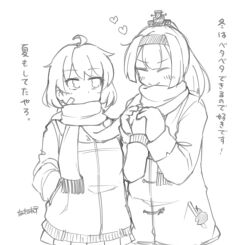 2girls ahoge akizuki_(kancolle) bandaid bandaid_on_face coat crab hand_in_pocket headband headgear holding_hands kantai_collection lineart long_hair mittens monochrome multiple_girls oboro_(kancolle) pleated_skirt ponytail scarf short_hair skirt tatahai upper_body winter_clothes