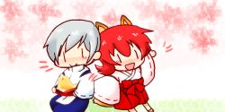 Rule 34 | 1boy, 1girl, animal ears, blush, chibi, grey hair, iria animi, japanese clothes, miko, open mouth, red hair, ruca milda, shoes, short hair, socks, tales of (series), tales of innocence