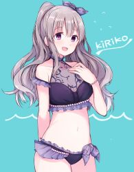 Rule 34 | 1girl, bare shoulders, bikini, black bikini, blue background, blush, bow, bracelet, breasts, character name, cleavage, collarbone, cowboy shot, floral print, flying sweatdrops, frilled bikini, frills, grey hair, hair bow, hair ribbon, hand on own chest, hanetsuka, highres, idolmaster, idolmaster shiny colors, jewelry, long hair, looking at viewer, medium breasts, navel, open mouth, pearl bracelet, purple eyes, purple ribbon, ribbon, see-through bikini, sidelocks, simple background, smile, solo, swimsuit, twintails, yukoku kiriko