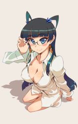 Rule 34 | 1girl, adjusting eyewear, black hair, blue eyes, blunt bangs, blush, breasts, cleavage, collarbone, dress shirt, earrings, foreshortening, from above, glass, glasses, gradient background, hair ornament, hoop earrings, jewelry, kusanagi tonbo, large breasts, looking at viewer, looking up, naked shirt, shadow, shirt, simple background, smile, solo, tsurime, two side up