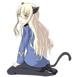 Rule 34 | 1girl, animal ears, ass, black pantyhose, blonde hair, blush, feet, female focus, full body, glasses, long hair, looking back, michigan, military, military uniform, open mouth, pantyhose, perrine h. clostermann, seiza, simple background, sitting, solo, strike witches, tail, uniform, white background, world witches series, yellow eyes
