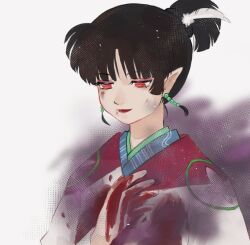 Rule 34 | 1girl, blood, blood on clothes, blood on hands, closed mouth, dying, earrings, eyeliner, highres, inuyasha, japanese clothes, jewelry, kagura (inuyasha), kimono, light smile, long sleeves, looking down, makeup, pointy ears, ponytail, red eyes, upper body, white background, zuchi wan