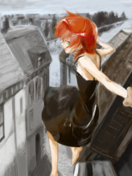 Rule 34 | 1girl, bad id, bad pixiv id, barefoot, building, darker than black, dress, green eyes, havoc (darker than black), looking back, male hand, midair, outdoors, outstretched arm, outstretched hand, profile, red hair, short hair, sky, solo, tozai