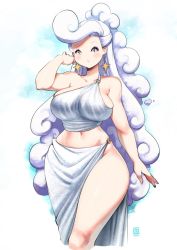 Rule 34 | 1girl, arm up, bare shoulders, breasts, cloud hair, curvy, earrings, jewelry, kenron toqueen, large breasts, long hair, looking at viewer, navel, o-ring, original, sahne, single strap, skindentation, solo, star (symbol), star earrings, thick thighs, thighs, very long hair, white eyes, white hair, wide hips