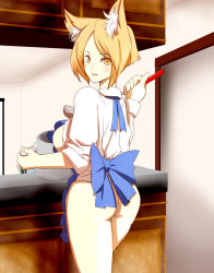 Rule 34 | 1girl, animal ears, apron, ass, blonde hair, breasts, counter, dearmybrothers, artistic error, female focus, fox ears, highres, ladle, large breasts, looking back, nearly naked apron, no headwear, no headwear, no tail, open clothes, open shirt, shirt, short hair, sideboob, sleeves rolled up, slit pupils, smile, solo, touhou, yakumo ran, yellow eyes