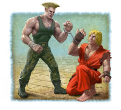 Rule 34 | 1990s (style), 2boys, armor, barefoot, blonde hair, boots, combat boots, cuffs, dog tags, dougi, gameplay mechanics, guile, handcuffs, hood, hoodie, japanese armor, ken masters, kote, meme, mick mcginty, military, multiple boys, muscular, on one knee, realistic, sleeveless, sleeveless hoodie, street fighter, street fighter ii (series), tank top