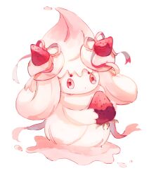 Rule 34 | absurdres, alcremie, alcremie (strawberry sweet), creatures (company), food, fruit, full body, game freak, gen 8 pokemon, highres, holding, holding food, looking at viewer, nintendo, no humans, pokemon, simple background, solo, strawberry, su (sajo su5), white background
