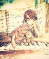 Rule 34 | 1boy, arm support, bad id, bad pixiv id, bass clef, beamed quavers, binder, brown hair, flat sign, glasses, headphones, instrument, keyboard (instrument), male focus, marashii, monkey, musical note, painting (medium), quaver, sheet music, short hair, solo, stuffed animal, stuffed toy, traditional media, treble clef, vocaloid, watercolor (medium), world&#039;s end dancehall (vocaloid)
