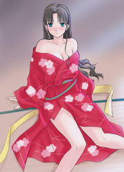 Rule 34 | 00s, 1girl, bare shoulders, black hair, blush, boribeya, breasts, cleavage, fate/stay night, fate (series), female focus, hair down, japanese clothes, kimono, long legs, lowres, solo, tohsaka rin