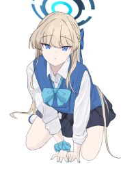 Rule 34 | 1girl, absurdres, black skirt, blonde hair, blue archive, blue bow, blue bowtie, blue eyes, blue hair, blue halo, blue vest, bow, bowtie, closed mouth, collared shirt, halo, highres, long hair, long sleeves, multicolored hair, pleated skirt, shirt, shoes, simple background, skirt, solo, streaked hair, tnr (horiko1525), toki (blue archive), uwabaki, vest, white background, white shirt