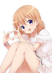 Rule 34 | 1girl, :d, bare legs, bow, bracelet, brown hair, commentary request, dated, dress, feet out of frame, gochuumon wa usagi desu ka?, hair between eyes, hands up, heart, heart hands, highres, hoto cocoa, jewelry, knees up, long hair, looking at viewer, neki (wakiko), open mouth, puffy short sleeves, puffy sleeves, purple eyes, sailor collar, sailor dress, short sleeves, simple background, smile, solo, striped, striped bow, white background, white bow, white dress, white sailor collar